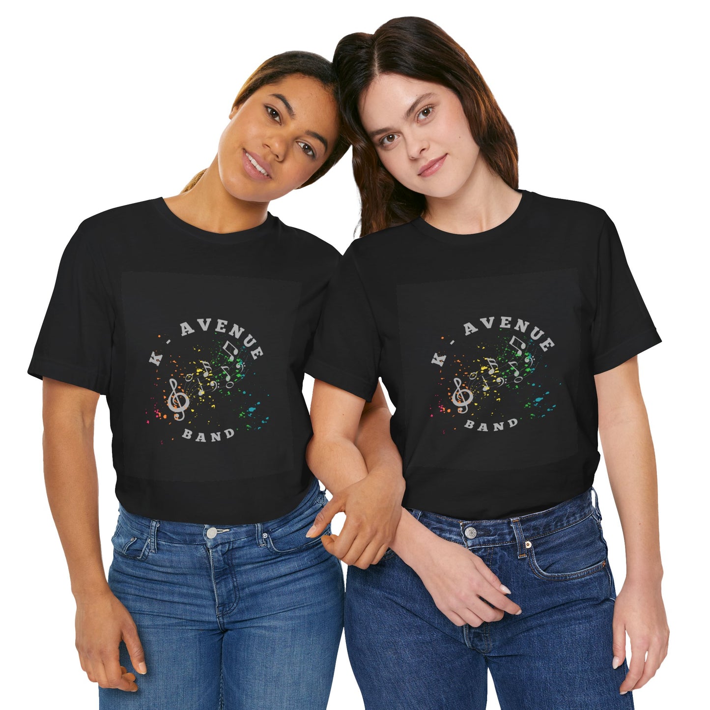 K Avenue Band Tee — Colorful Musical Notes Shirt with Drum Back & Custom Initials (TJ)