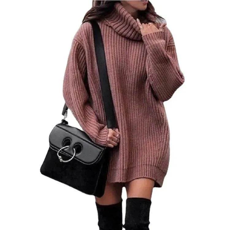 Autumn Winter Solid Cashmere oversized Knitted Mini Turtleneck Sweater Dress