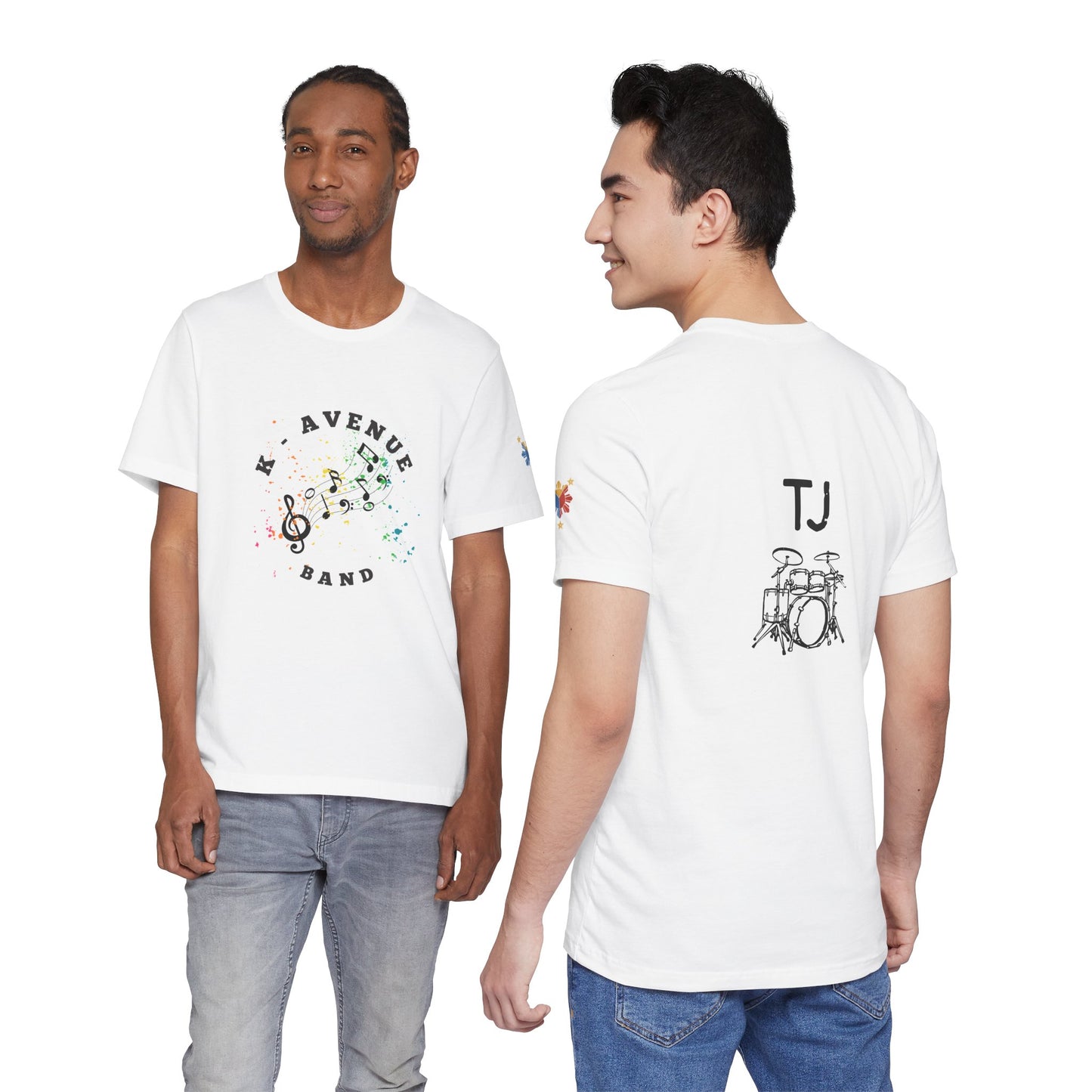 K Avenue Band Tee — Colorful Musical Notes Shirt with Drum Back & Custom Initials (TJ)