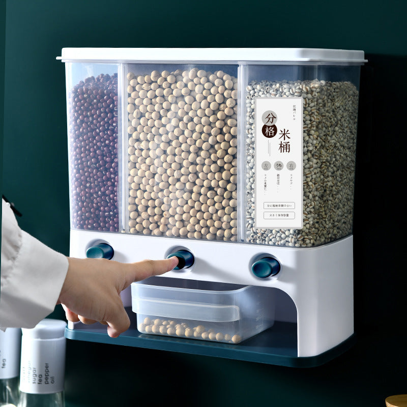 Wall-Mounted Grain Storage Box – Clear Plastic Rice & Cereal Container with Press Funnel