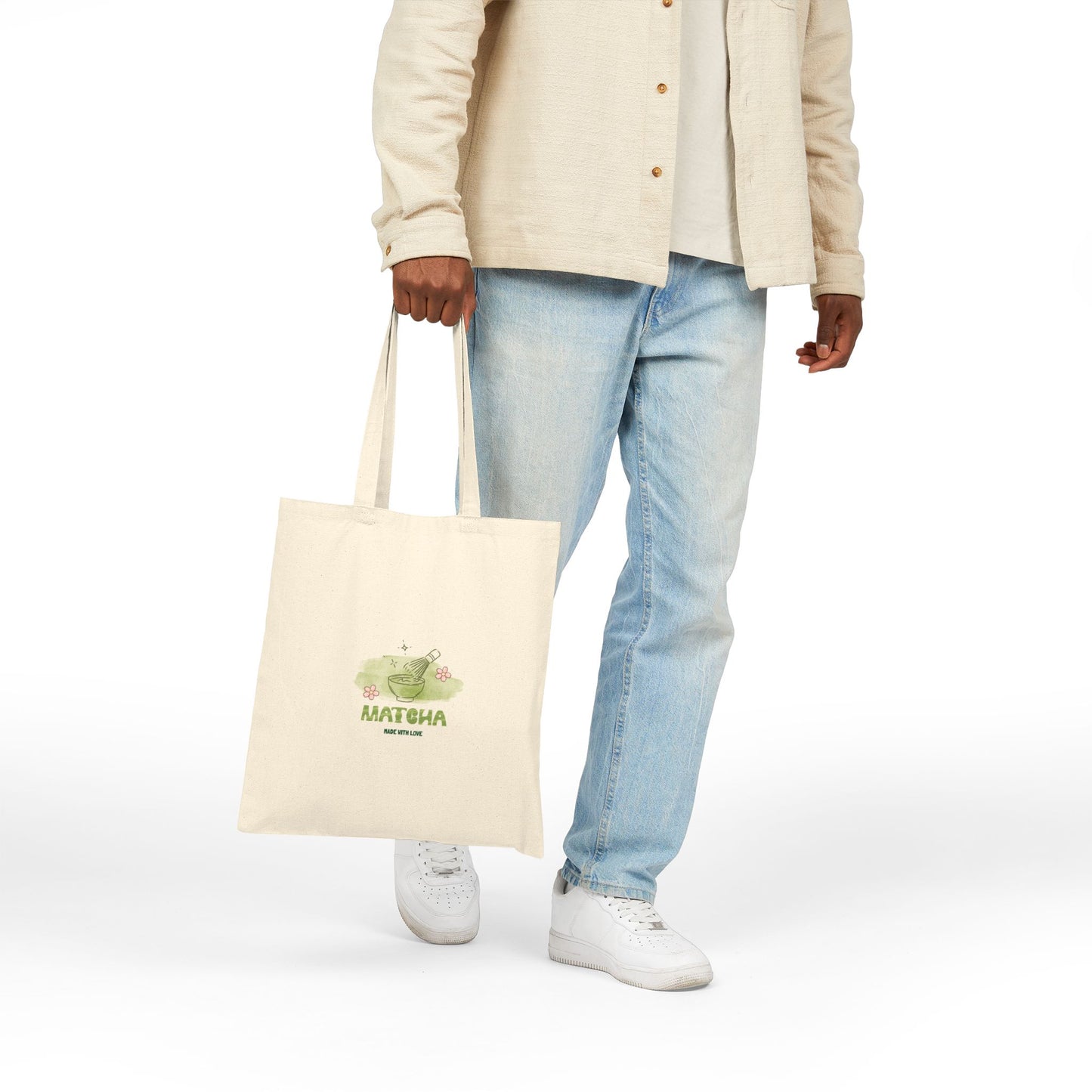 Matcha Love Cotton Canvas Tote Bag - Green Tea Illustration Eco Grocery Bag