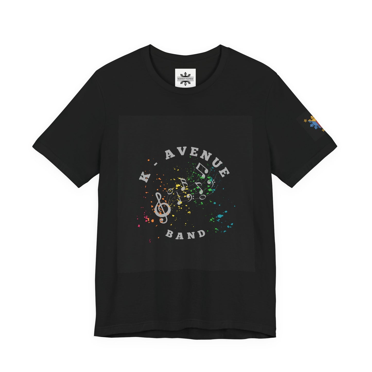 K Avenue Band Tee — Colorful Musical Notes Shirt with Drum Back & Custom Initials (TJ)