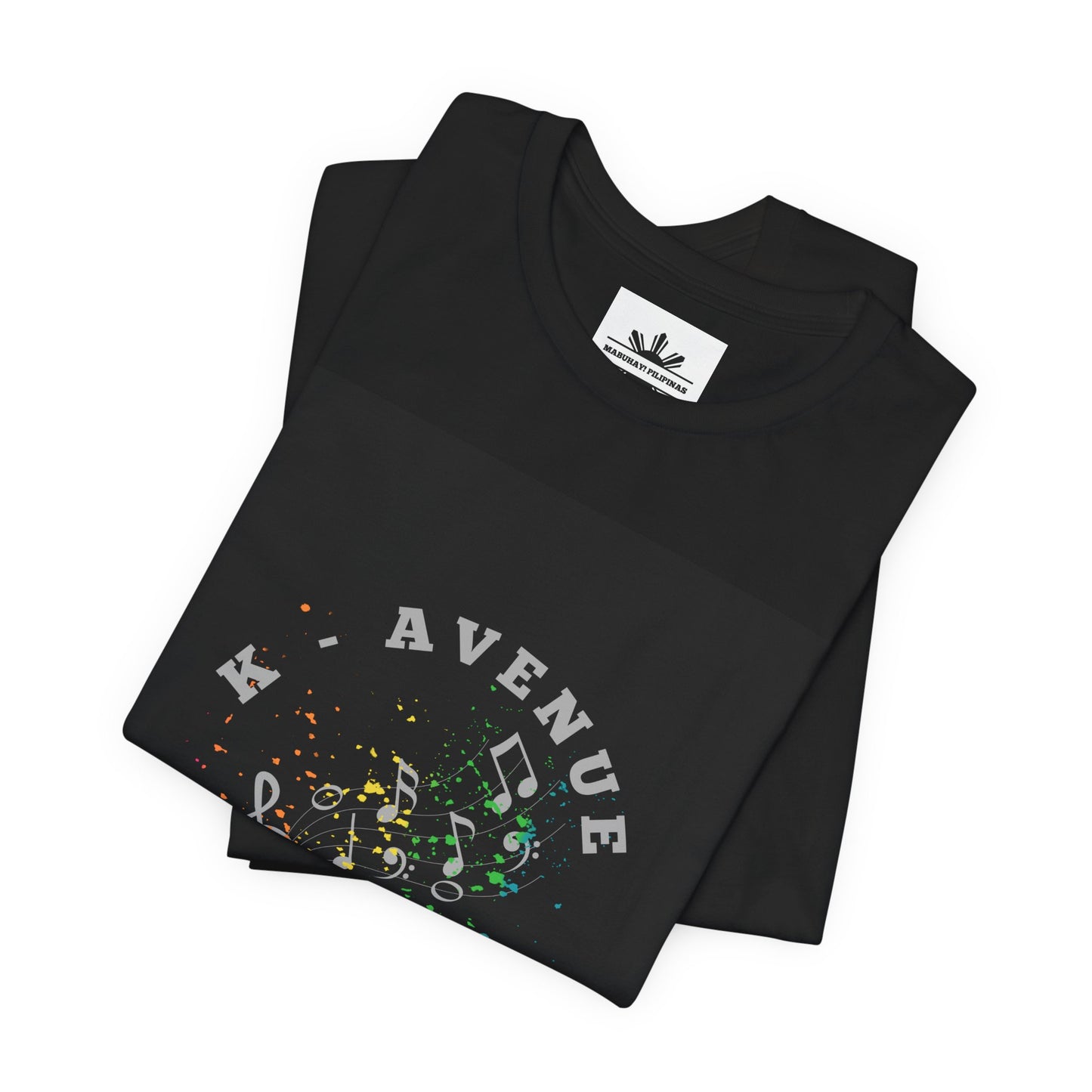 K Avenue Band Tee — Colorful Musical Notes Shirt with Drum Back & Custom Initials (TJ)