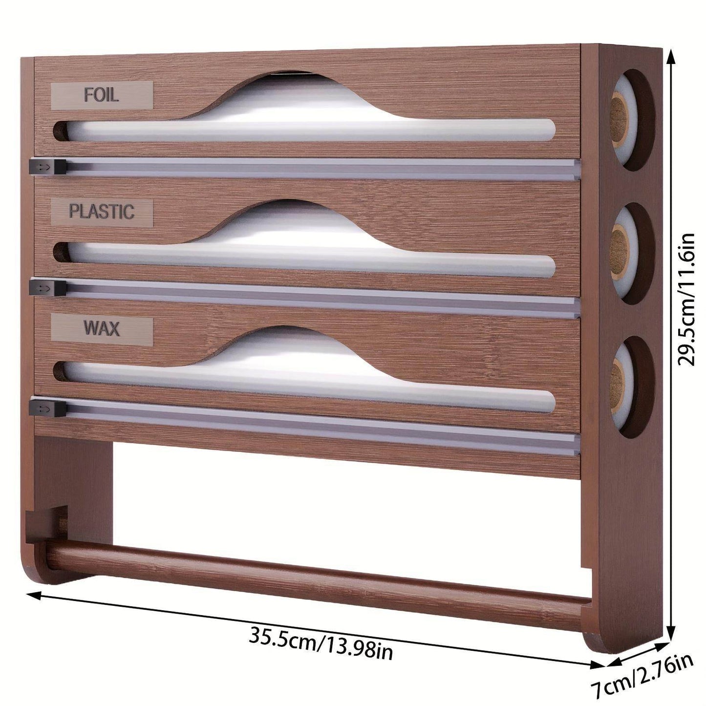 3 grid Bamboo Wood Wall Mounted Food Wrap Dispenser