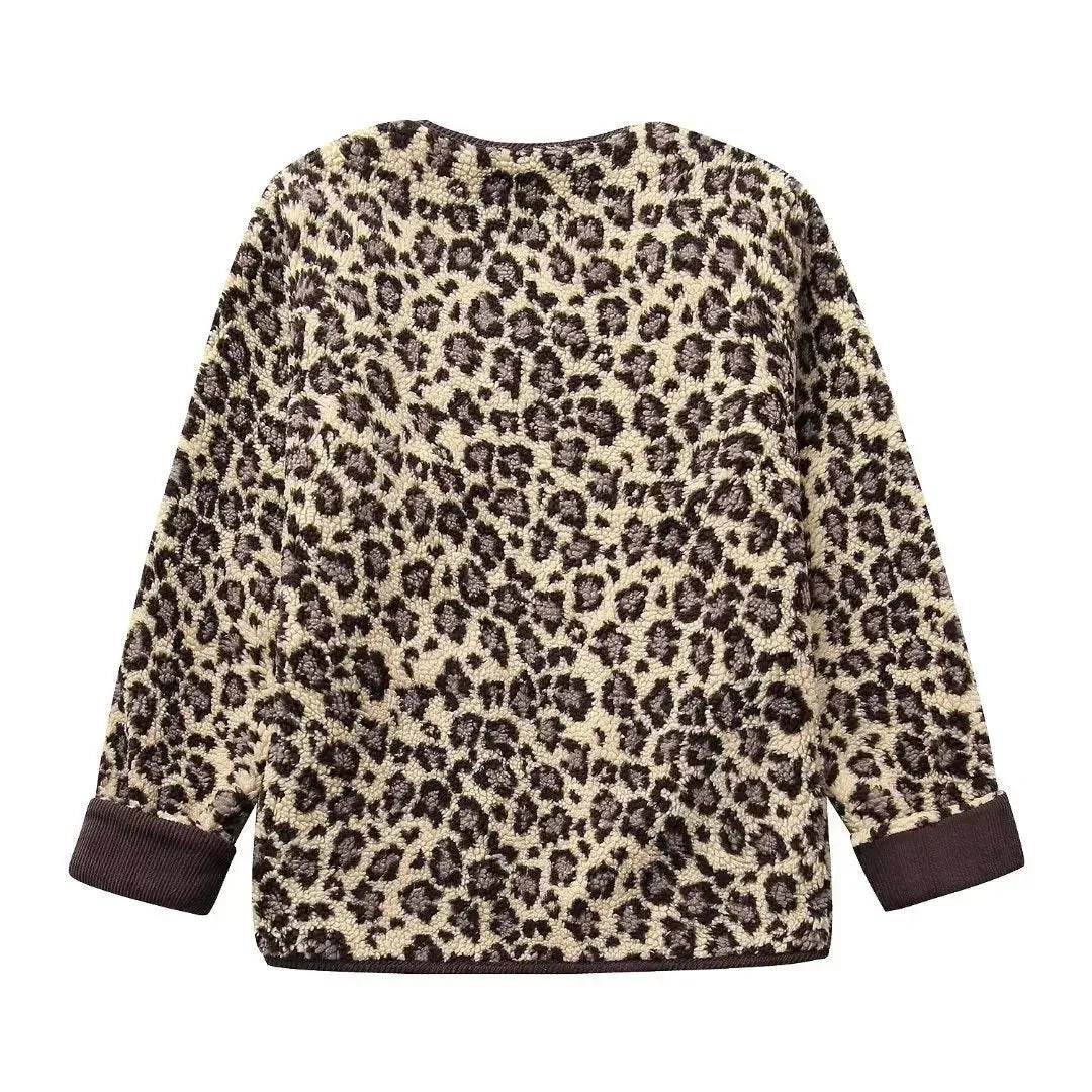 Casual Fall winter Leopard Button fleece Plush Cardigan jacket for women