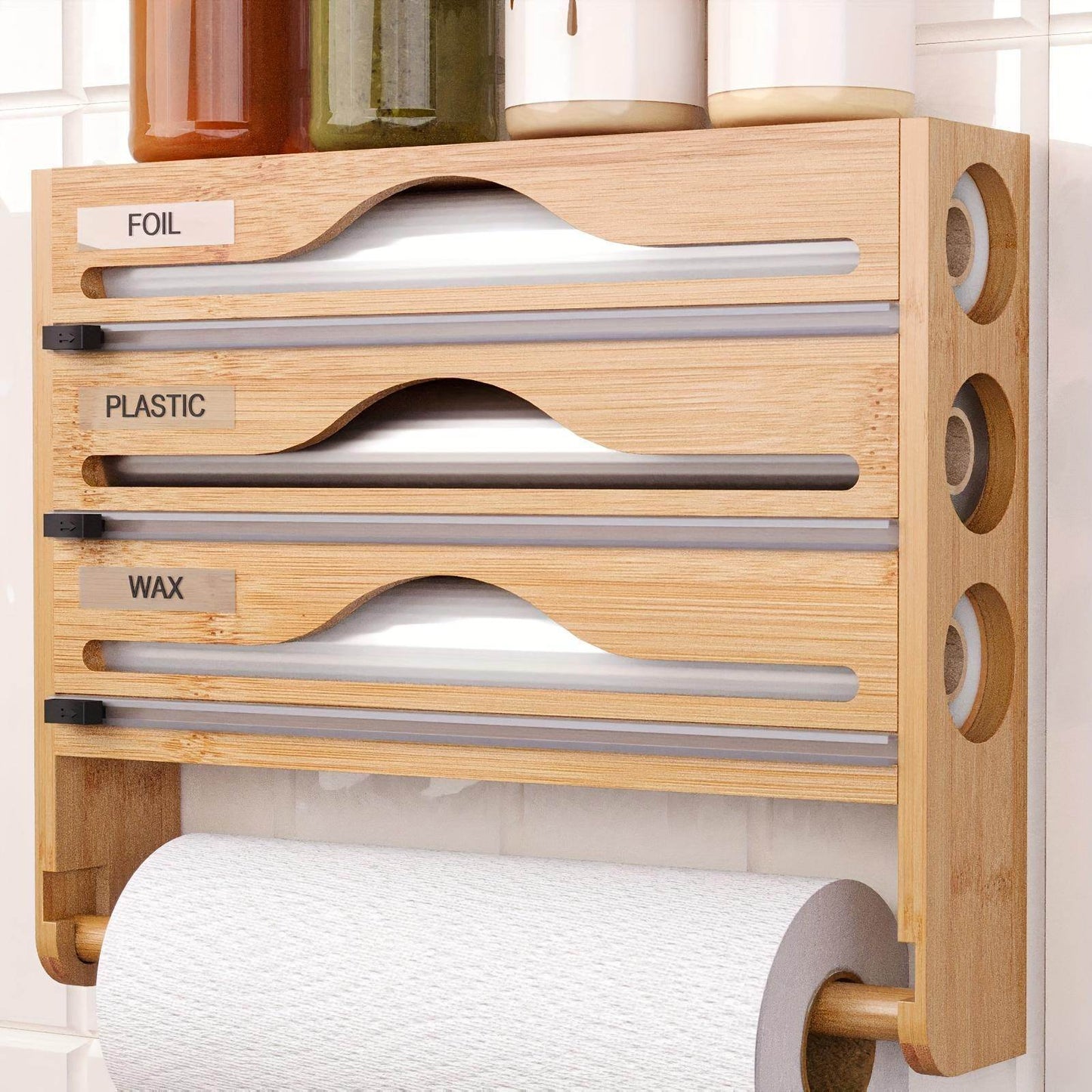 3 grid Bamboo Wood Wall Mounted Food Wrap Dispenser
