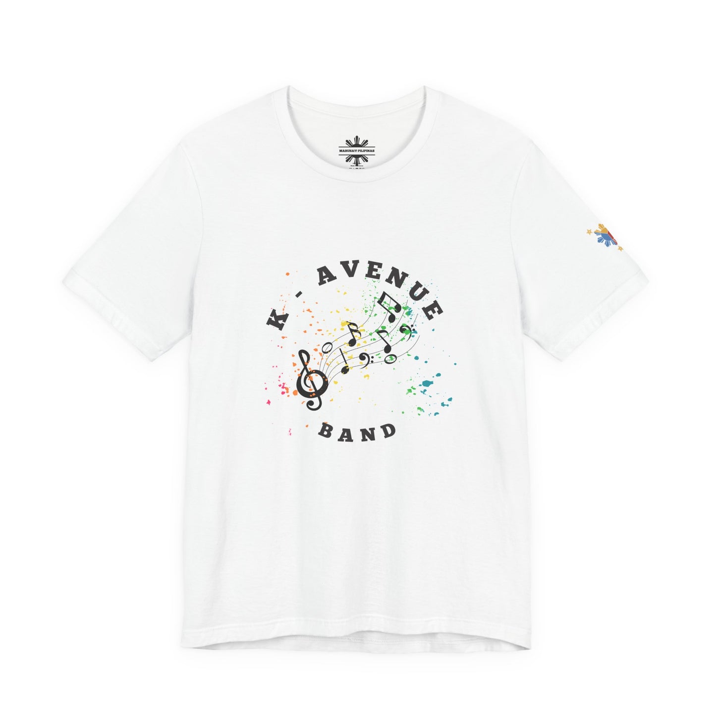 K Avenue Band Tee — Colorful Musical Notes Shirt with Drum Back & Custom Initials (TJ)