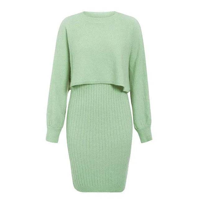 Women 2pcs Winter Outfit Cashmere dress Cropped Pullover top