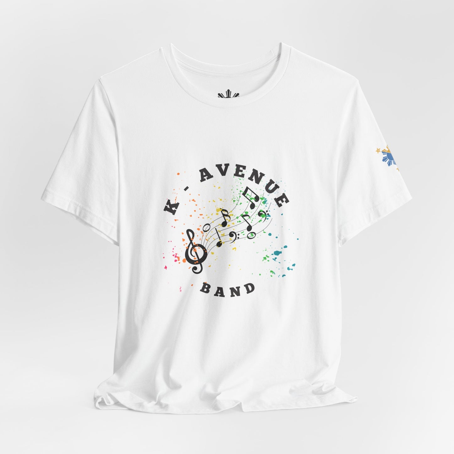 K Avenue Band Tee — Colorful Musical Notes Shirt with Drum Back & Custom Initials (TJ)