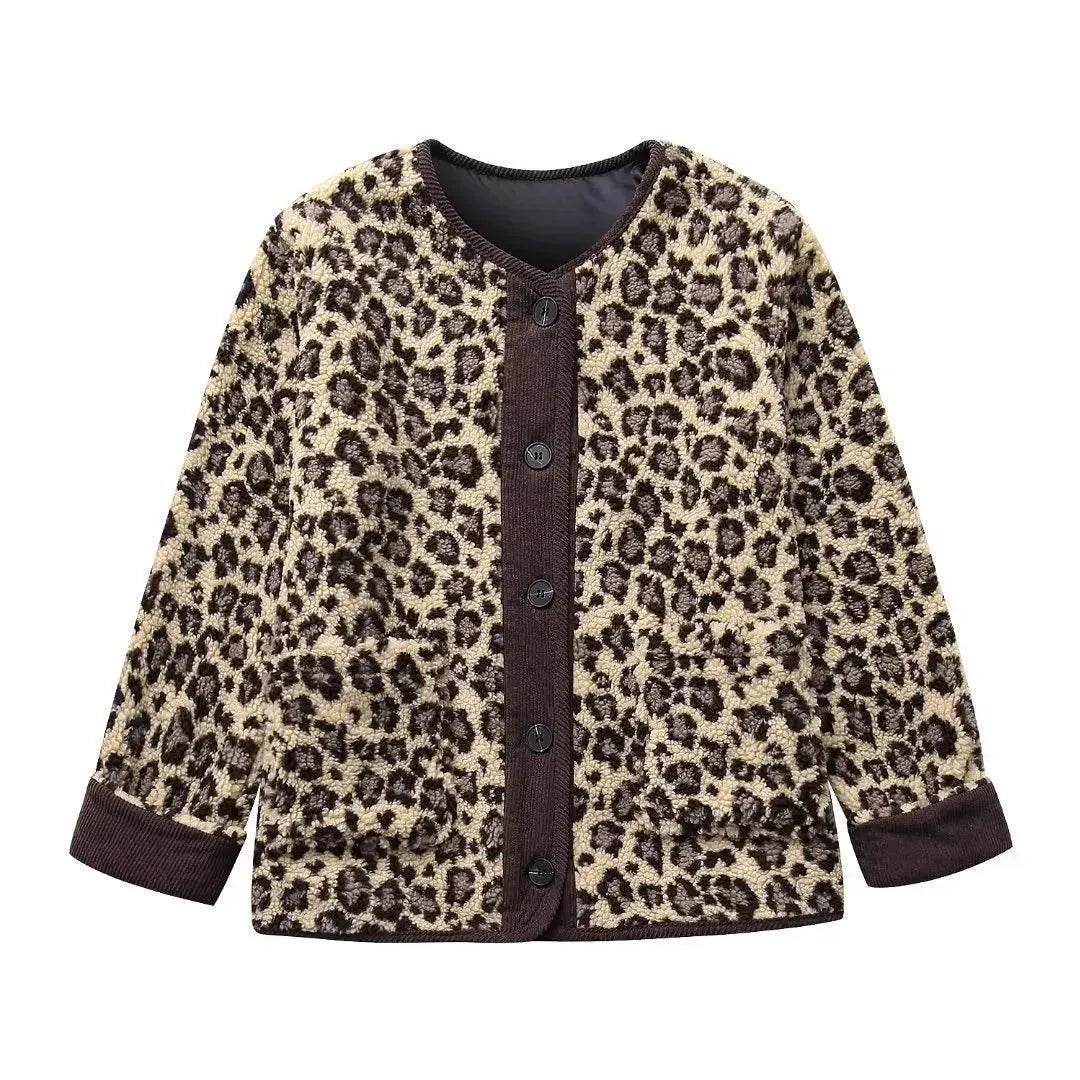 Casual Fall winter Leopard Button fleece Plush Cardigan jacket for women
